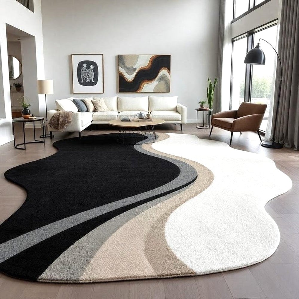 Handcrafted Black White Wave Living Room Rug